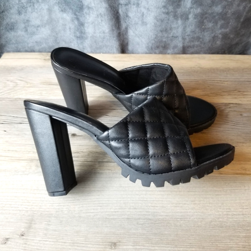 Wild Diva Quilted Open Toe Lug Sole Block High Heels